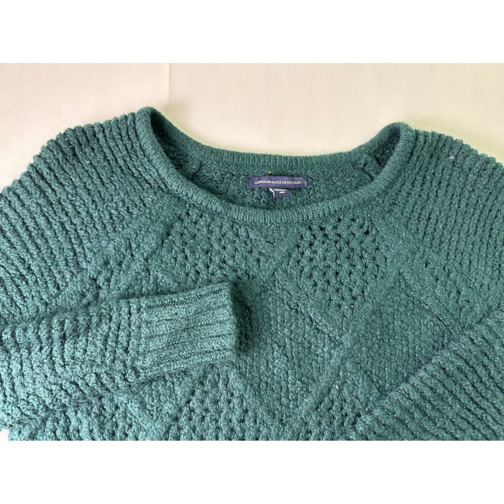American Eagle XS Dark Green Diamond Stitch Crewneck Sweater Knit Pullover Women